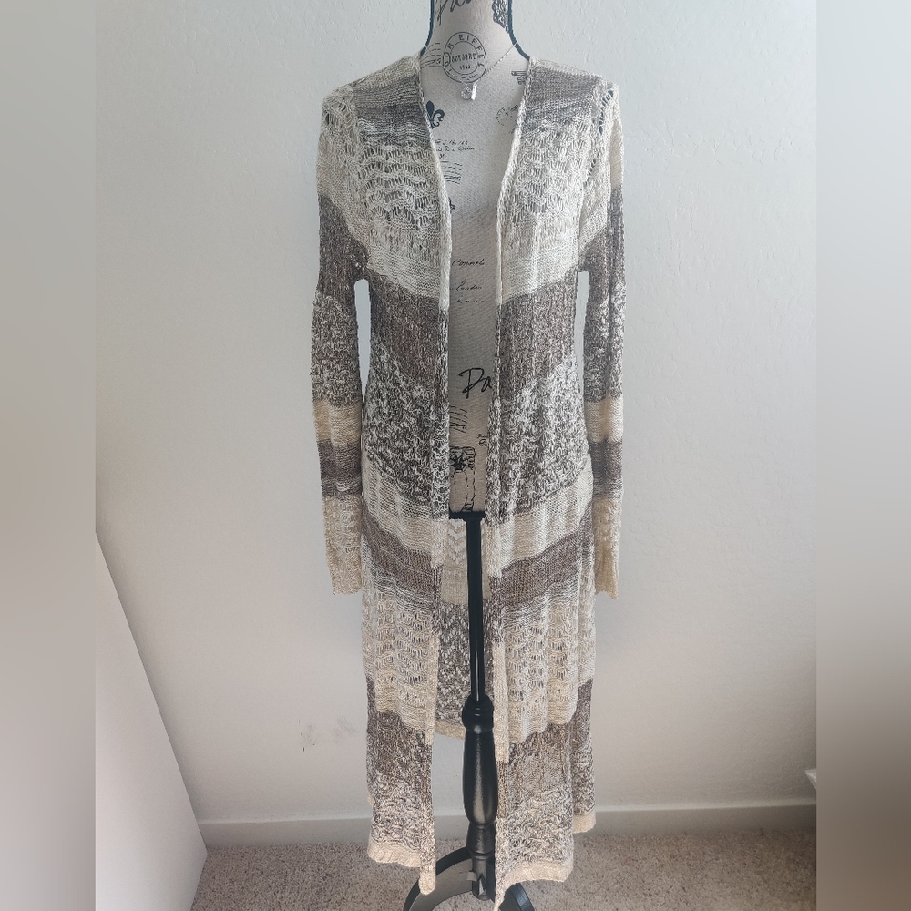 Cream Beige & Brown Knit Striped Maxi Long Cardigan Sweater_S/M